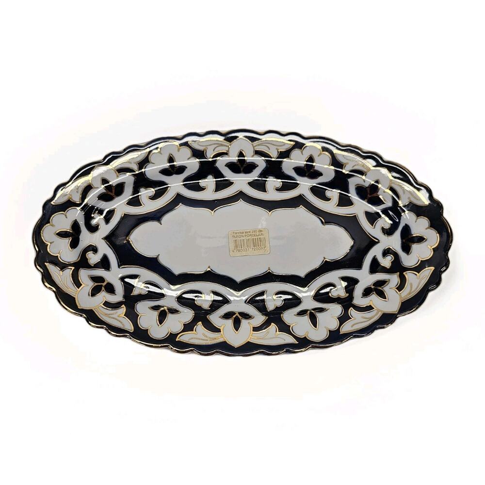 Vintage Oval Platter Uzbek Cotton Flower Design Porcelain Plate Blue Gold Rim